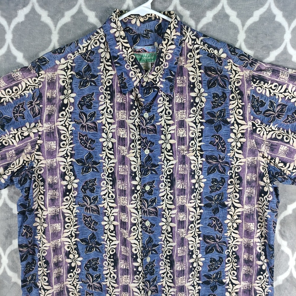 Reyn Spooner Hawaiian Shirt Men XL Blue Black Floral Geometric Button Down